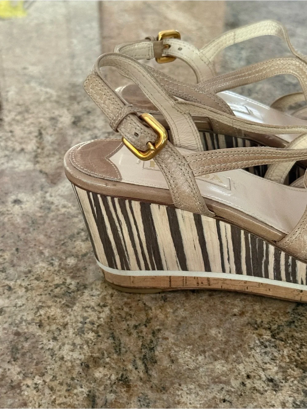 Prada Beige Leather Platform Wedge Sandals Zebra Stripe Cork Slingback 37